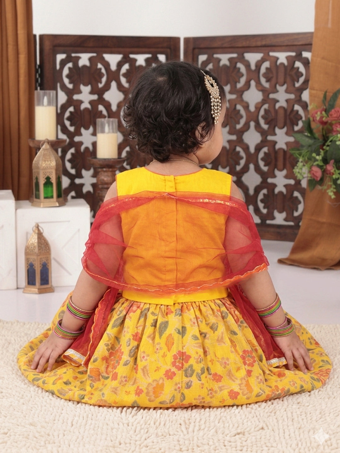 Yellow Flower  Embroidered  Choli & Floral Printed Lehenga With Dupatta