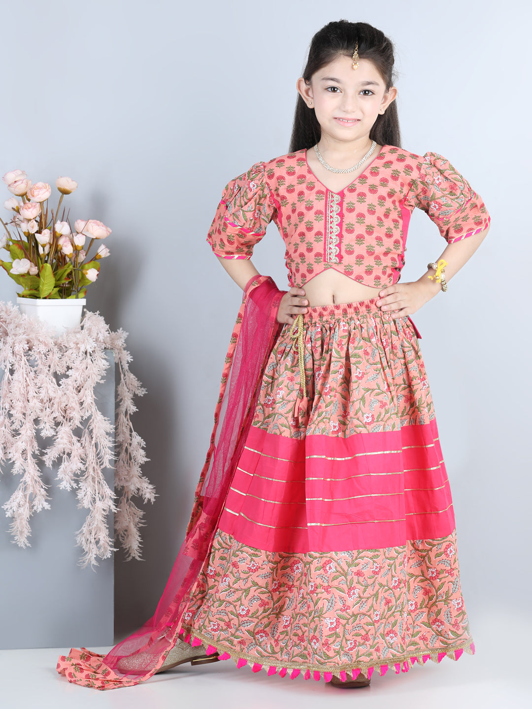 Girls Pink Floral Printed Ready to Wear Lehenga Choli with Dupatta