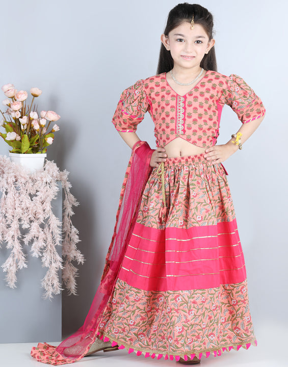 Girls Pink Floral Printed Ready to Wear Lehenga Choli with Dupatta