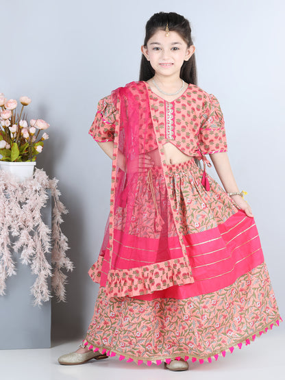 Girls Pink Floral Printed Ready to Wear Lehenga Choli with Dupatta