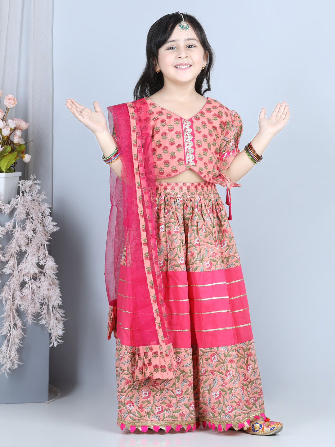 Girls Pink Floral Printed Ready to Wear Lehenga Choli with Dupatta