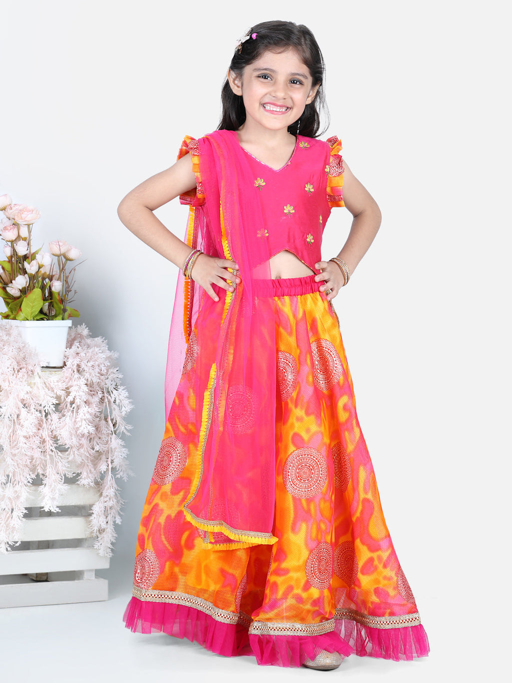 Foil embellished net frilled skirt with embroidered top and dupatta