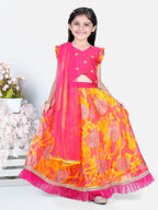 Foil embellished net frilled skirt with embroidered top and dupatta