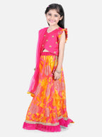 Foil embellished net frilled skirt with embroidered top and dupatta
