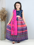 Embroidered Top with printed blue lehenga and dupatta