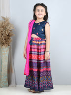 Embroidered Top with printed blue lehenga and dupatta