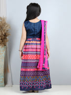Embroidered Top with printed blue lehenga and dupatta