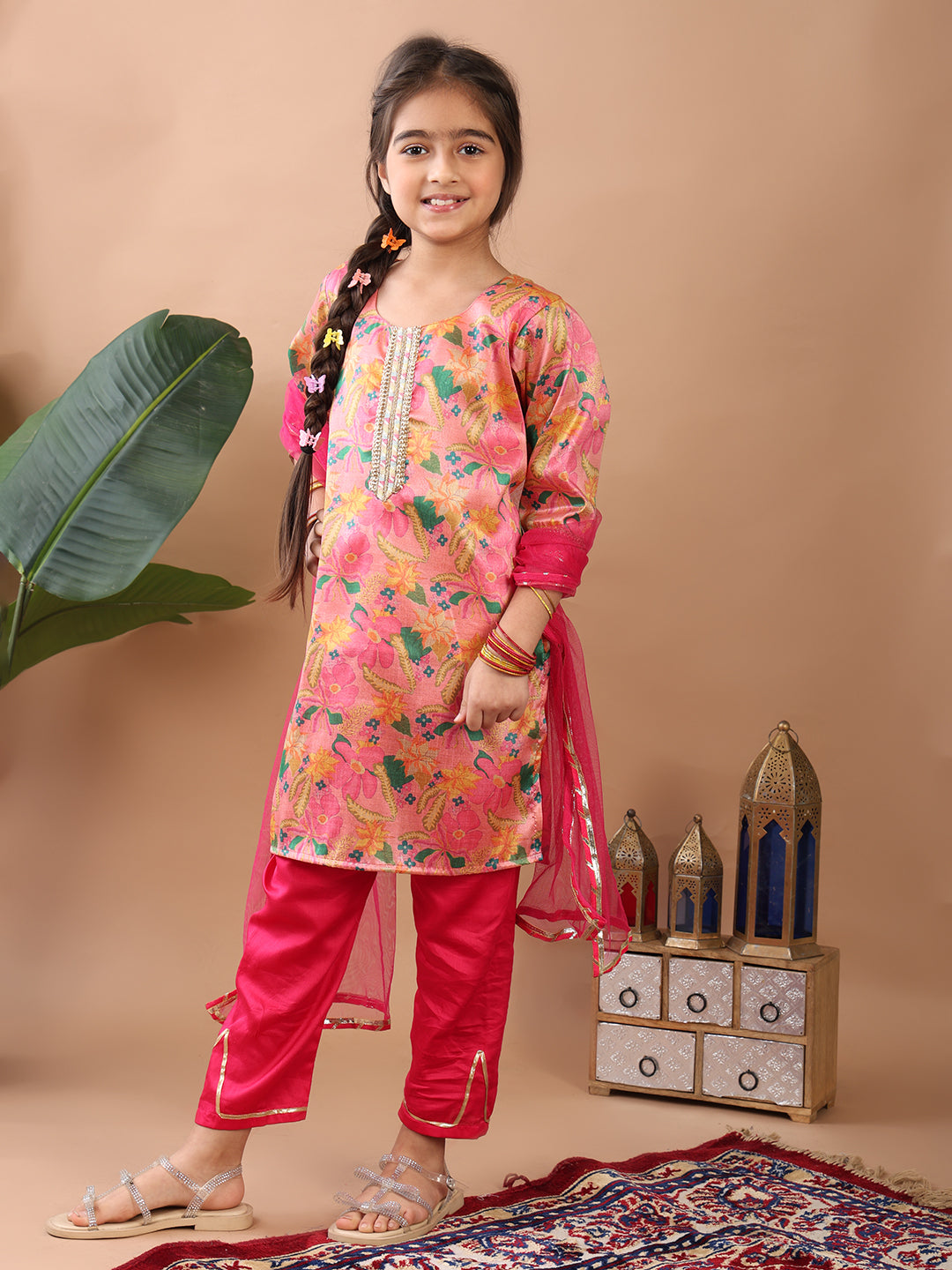 Pink 3/4 sleeves printed Kurti with pink Plazo pant and dupatta