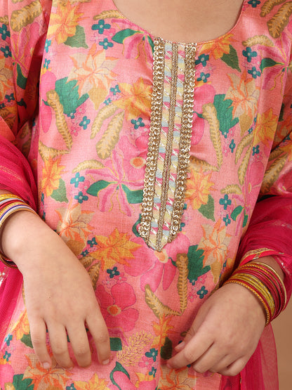 Pink 3/4 sleeves printed Kurti with pink Plazo pant and dupatta