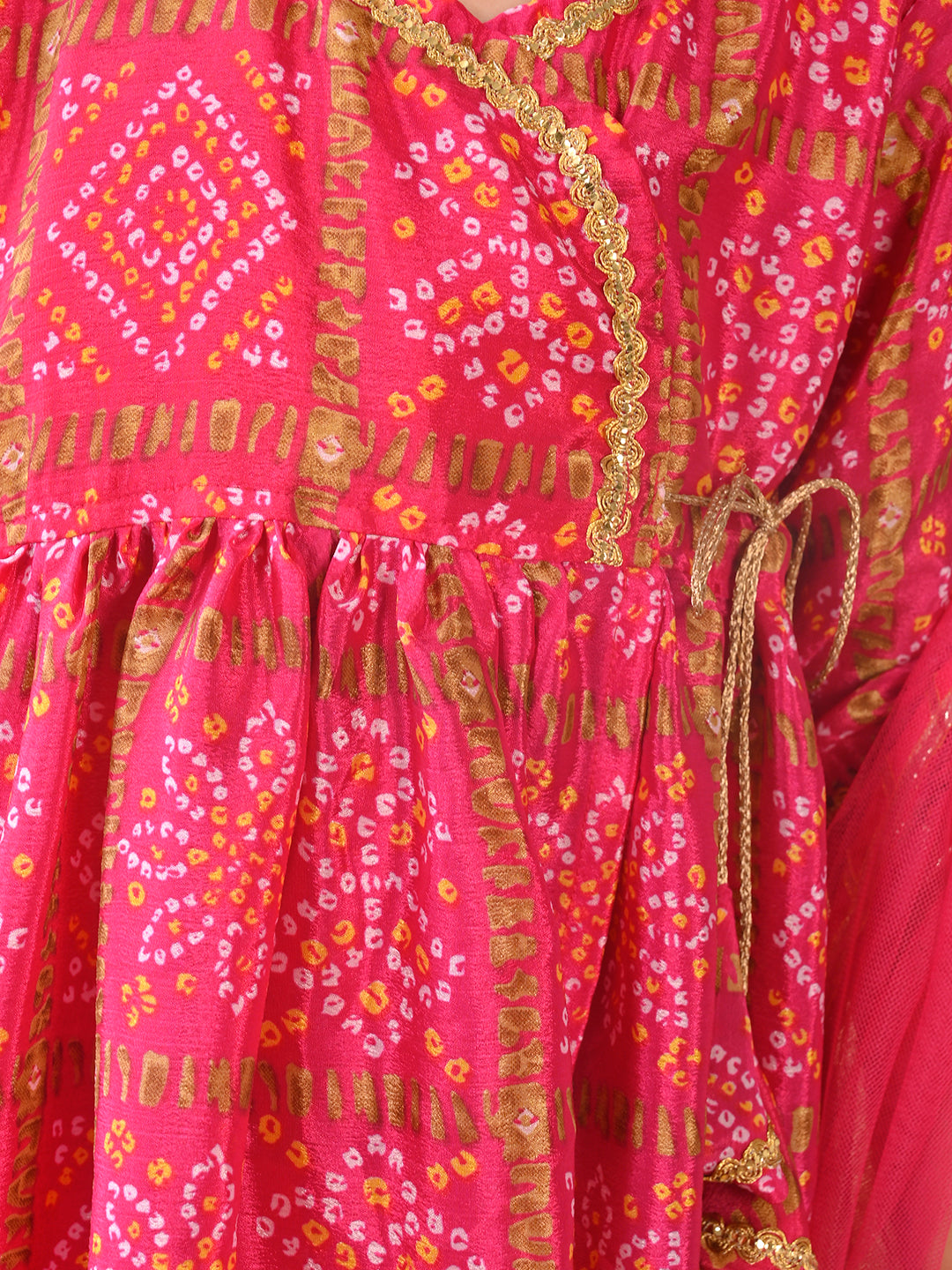 Pink 3/4 sleeves Bandez printed Kurti with pant and dupatta