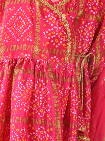 Pink 3/4 sleeves Bandez printed Kurti with pant and dupatta