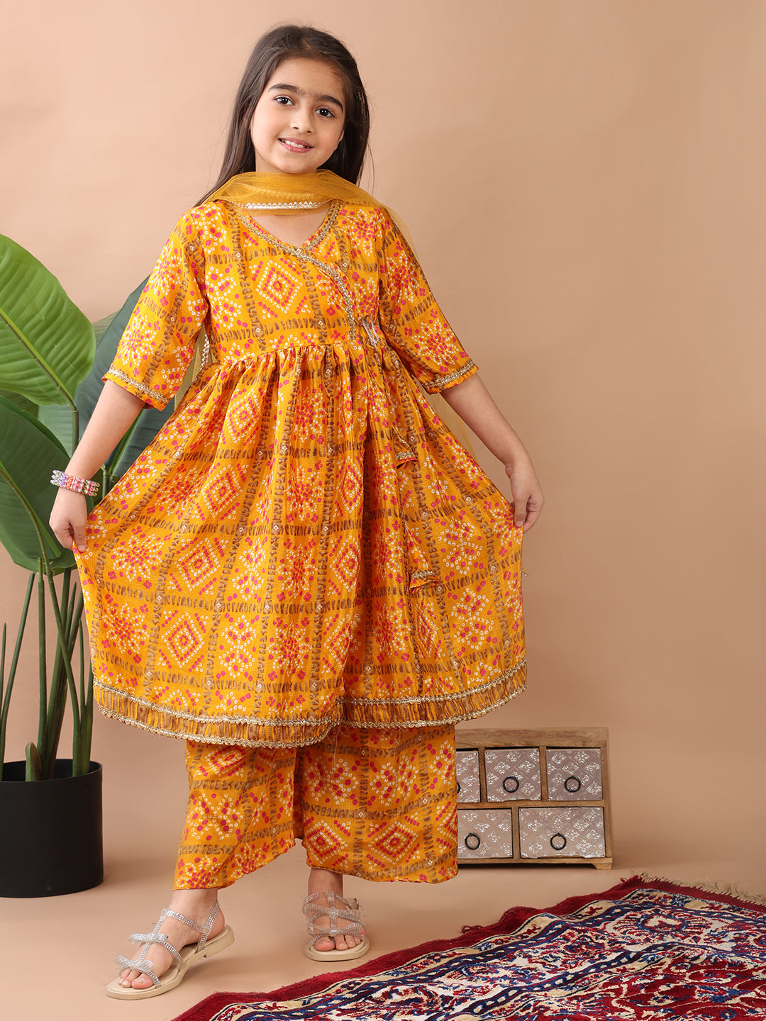 Yellow 3/4 sleeves Floral printed Kurti with pant and dupatta