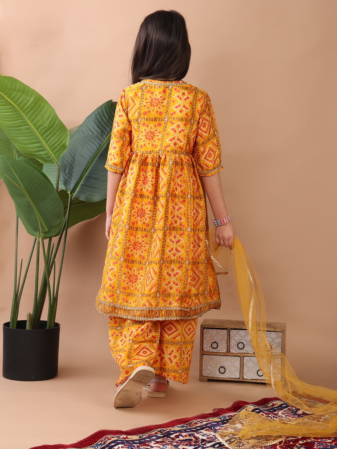 Yellow 3/4 sleeves Floral printed Kurti with pant and dupatta