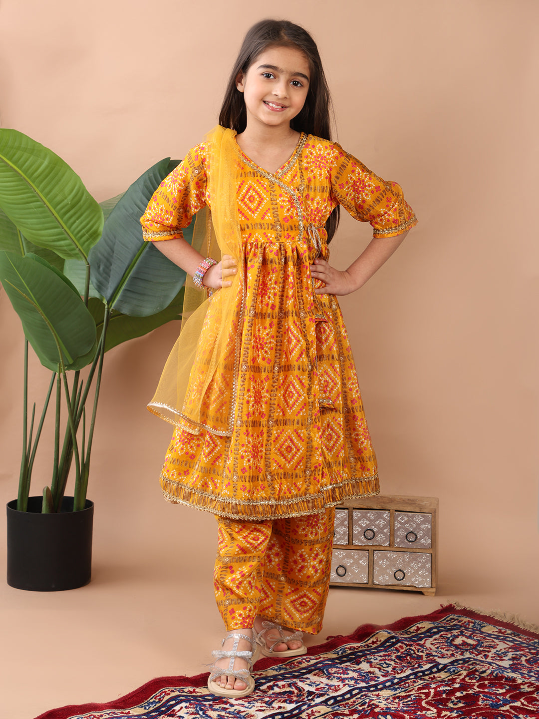 Yellow 3/4 sleeves Floral printed Kurti with pant and dupatta