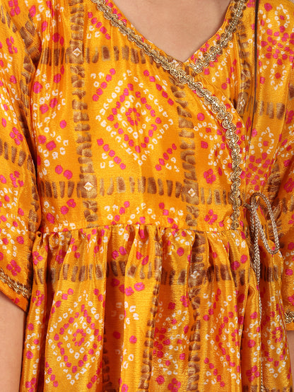 Yellow 3/4 sleeves Floral printed Kurti with pant and dupatta