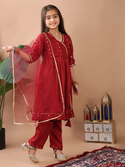 Red 3/4 sleeves embroidereed Angrakha Kurti with pant and dupatta