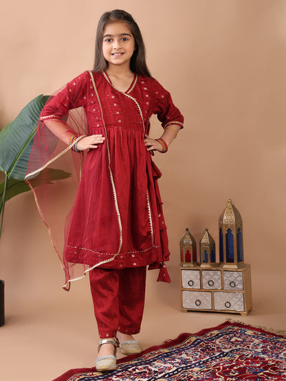 Red 3/4 sleeves embroidereed Angrakha Kurti with pant and dupatta