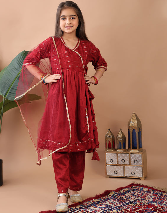 Red 3/4 sleeves embroidereed Angrakha Kurti with pant and dupatta