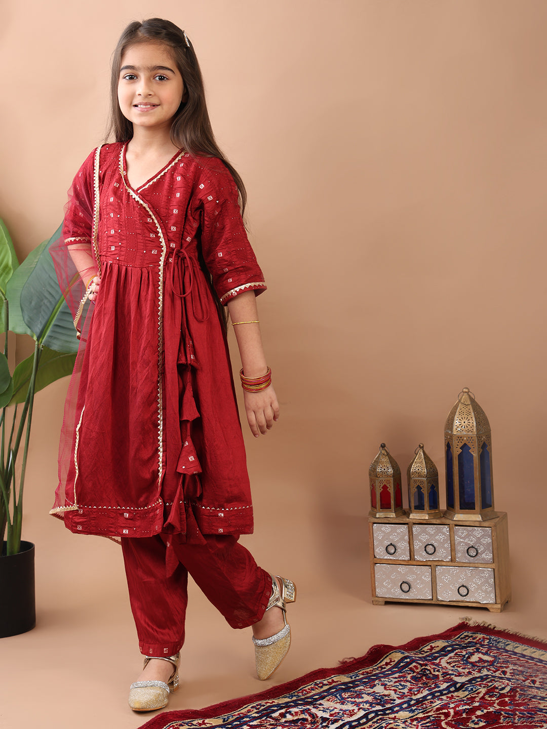 Red 3/4 sleeves embroidereed Angrakha Kurti with pant and dupatta