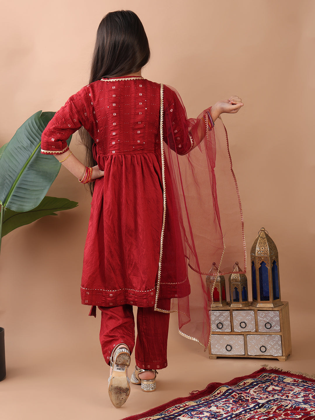 Red 3/4 sleeves embroidereed Angrakha Kurti with pant and dupatta