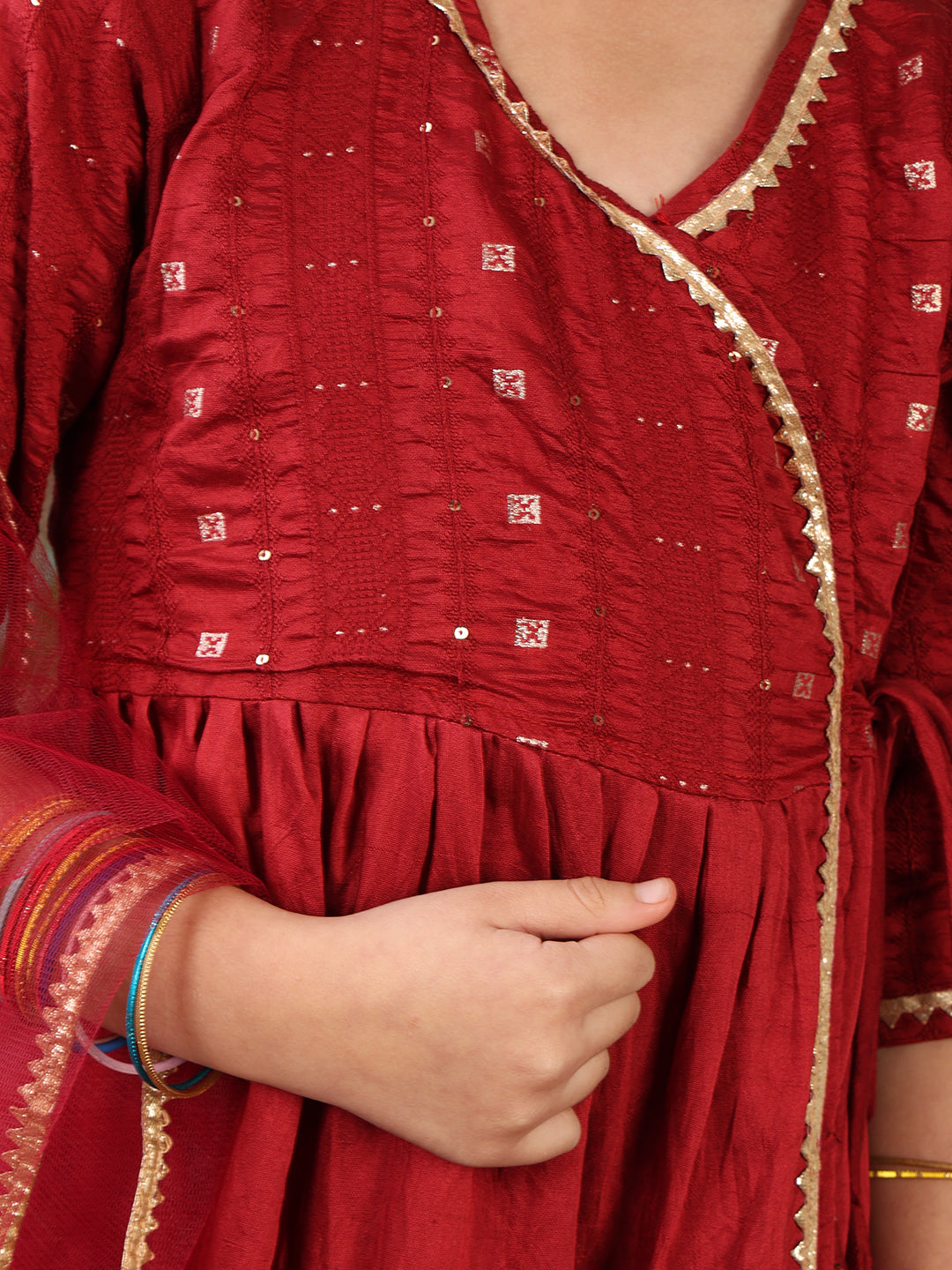 Red 3/4 sleeves embroidereed Angrakha Kurti with pant and dupatta