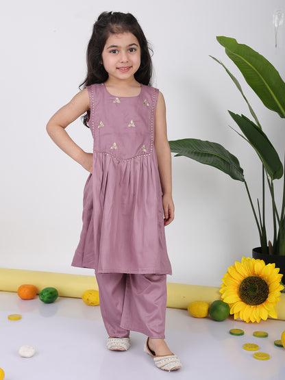 Purple sleeveless embroidered Kurti with pant