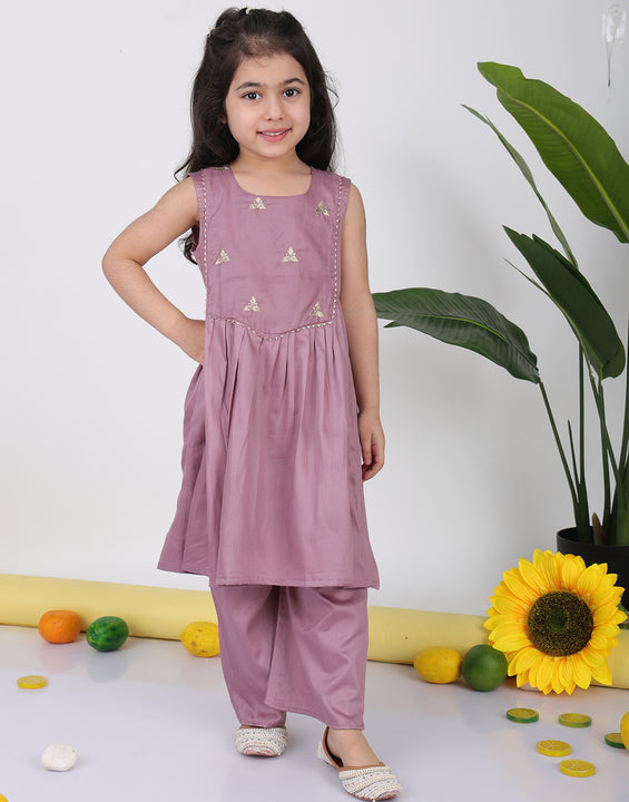 Purple sleeveless embroidered Kurti with pant