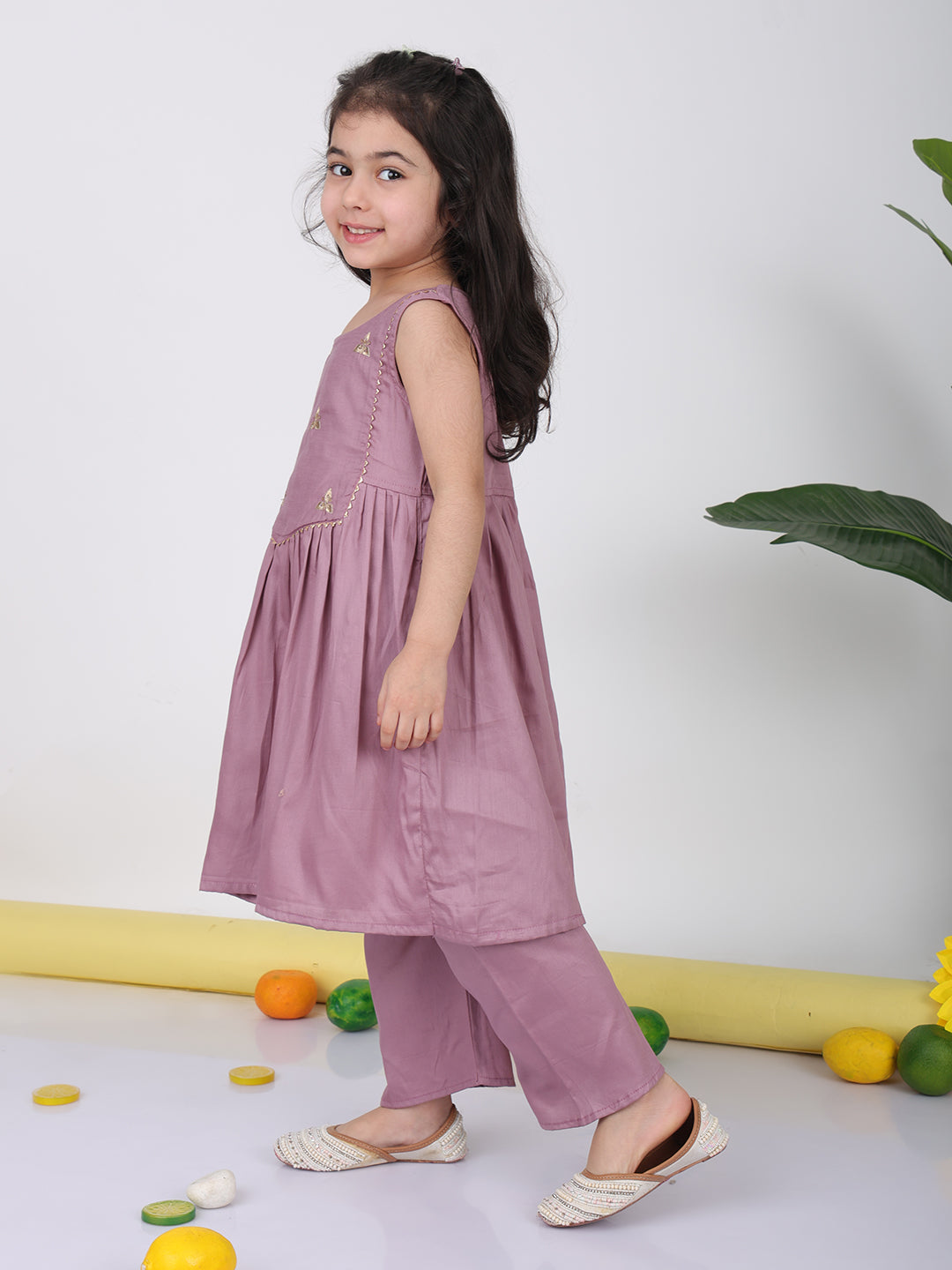 Purple sleeveless embroidered Kurti with pant