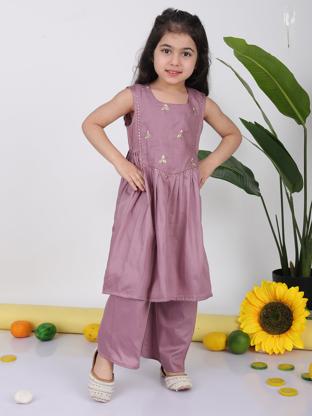 Purple sleeveless embroidered Kurti with pant