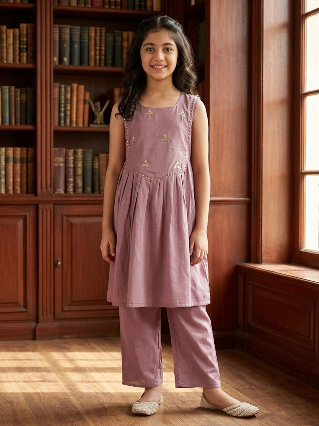 Kinder Kids Purple Embroidered Kurti With Purple Pant