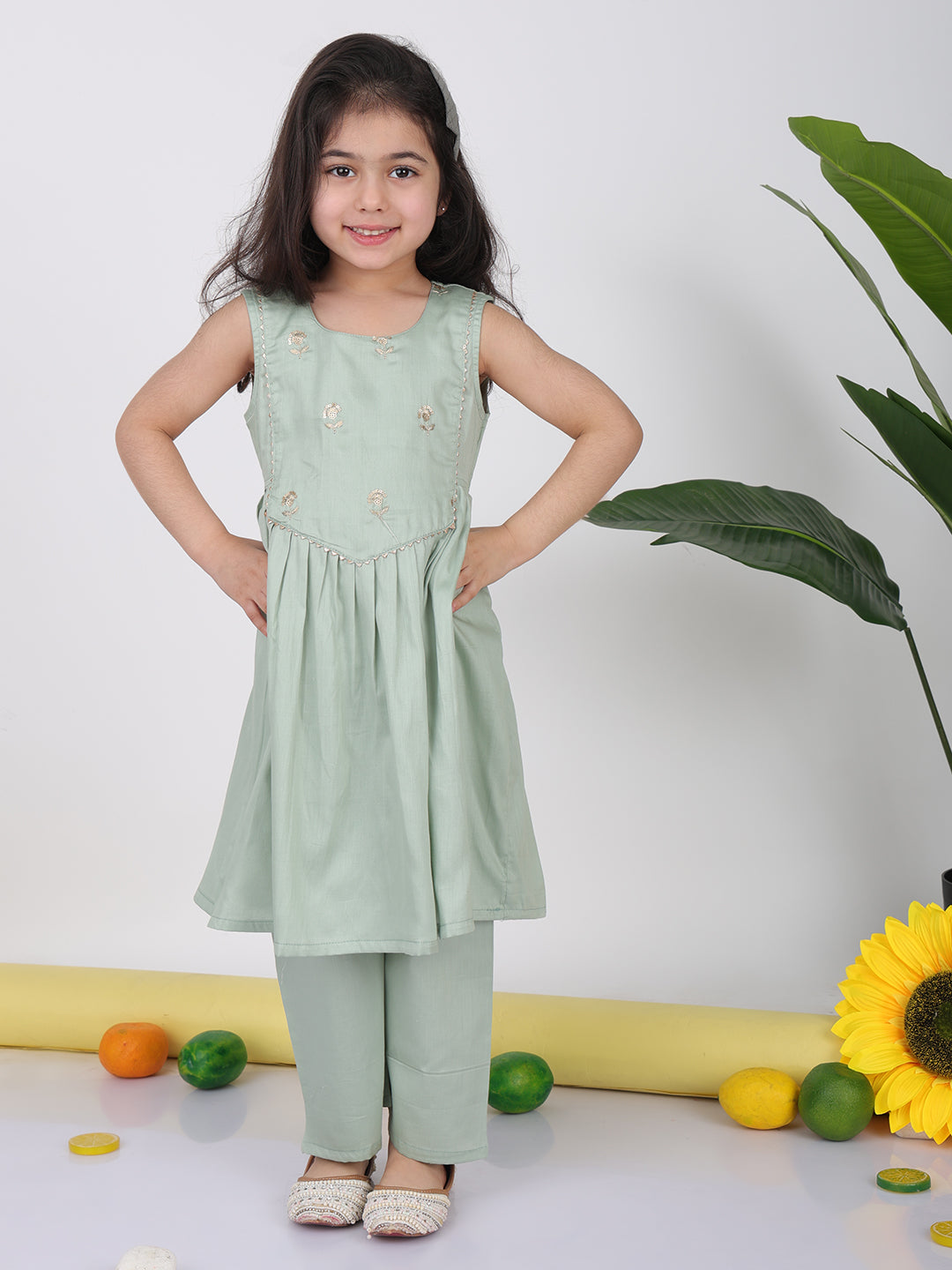 Green sleeveless embroidered Kurti with pant