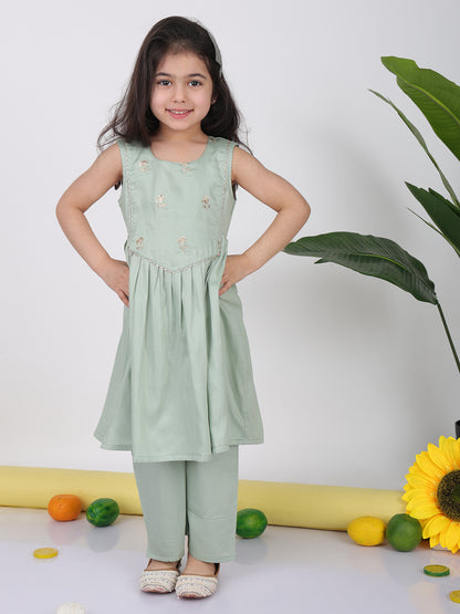 Green sleeveless embroidered Kurti with pant