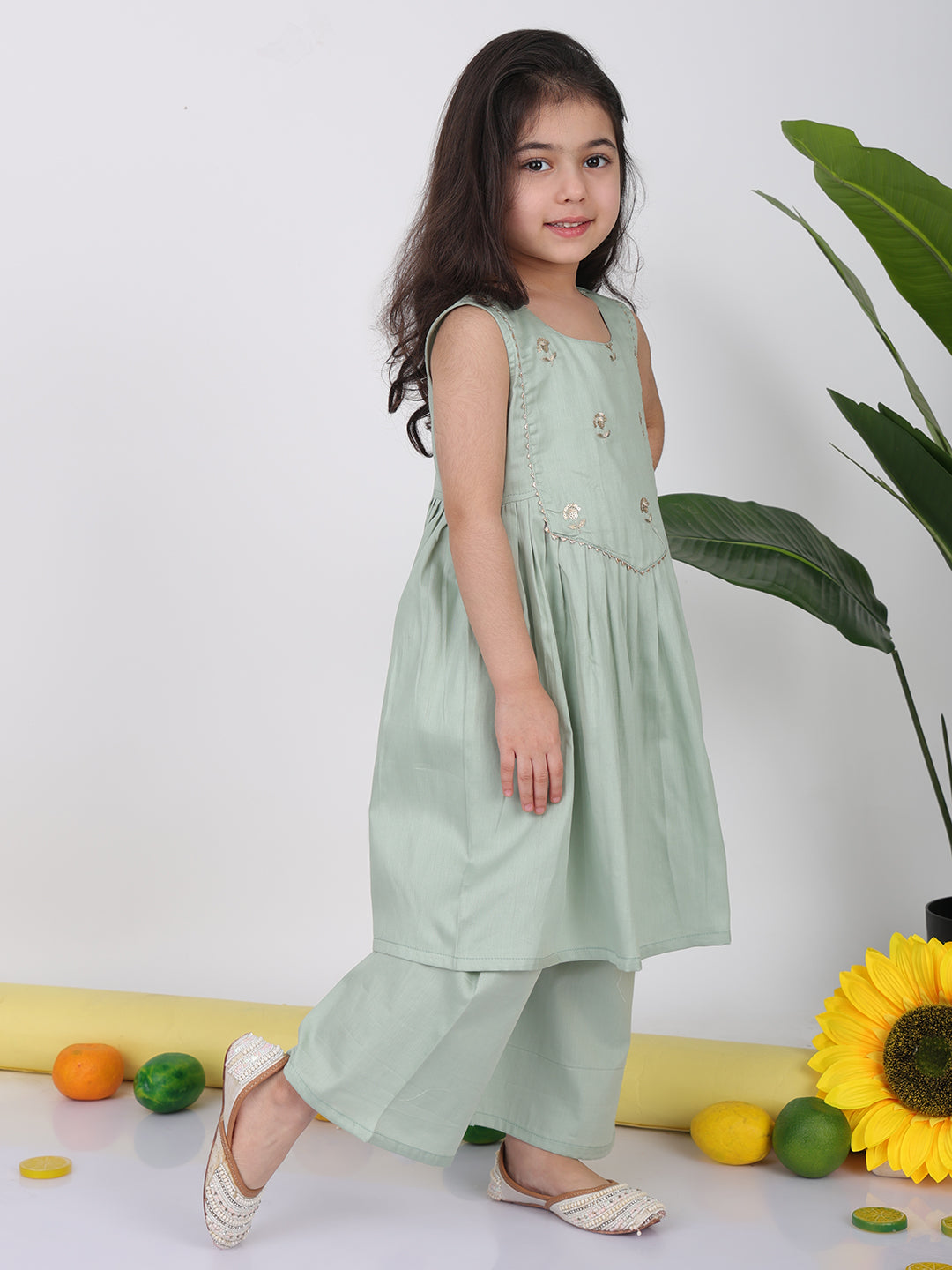 Green sleeveless embroidered Kurti with pant