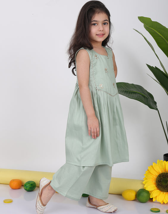 Green sleeveless embroidered Kurti with pant