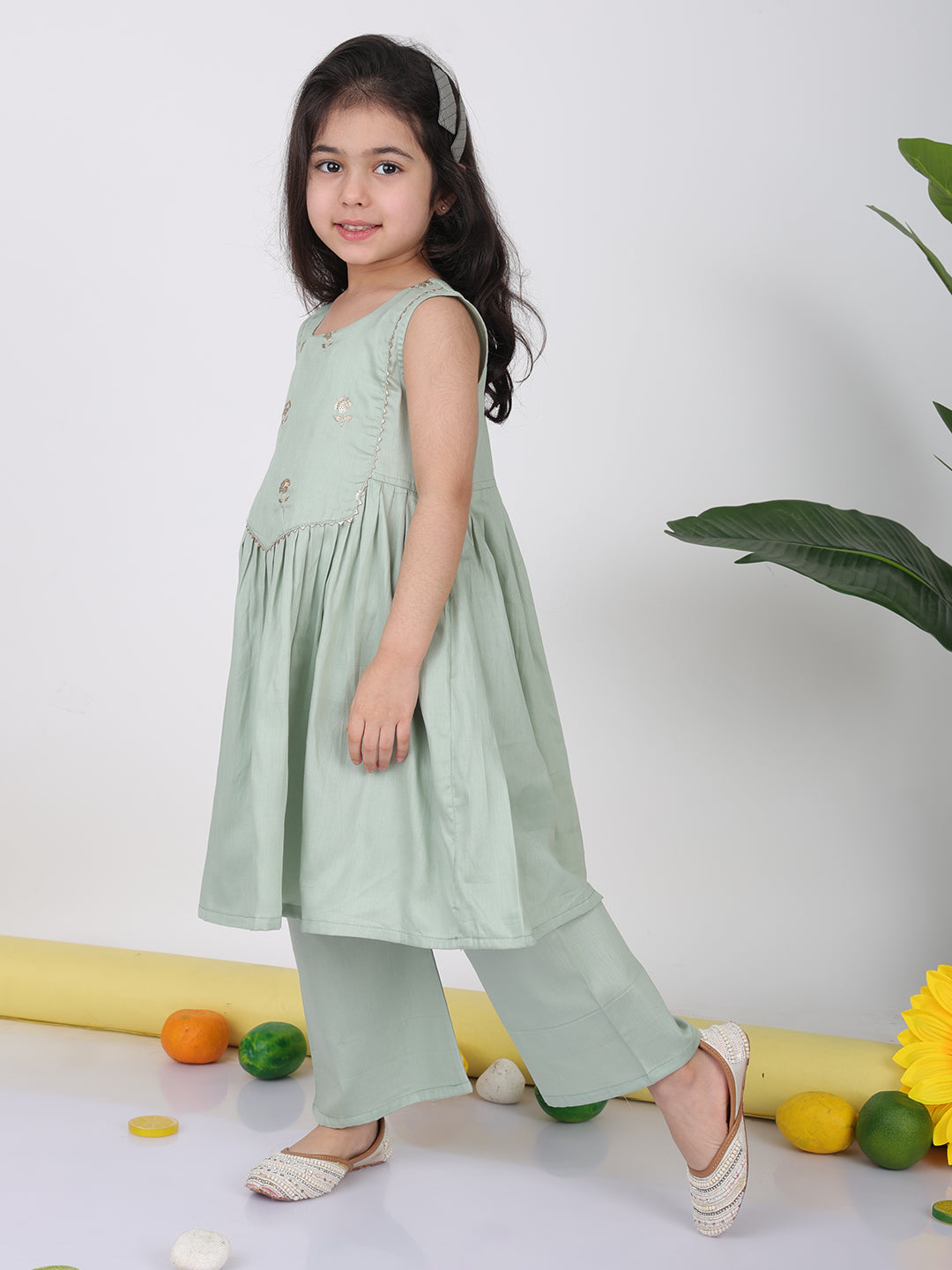 Green sleeveless embroidered Kurti with pant