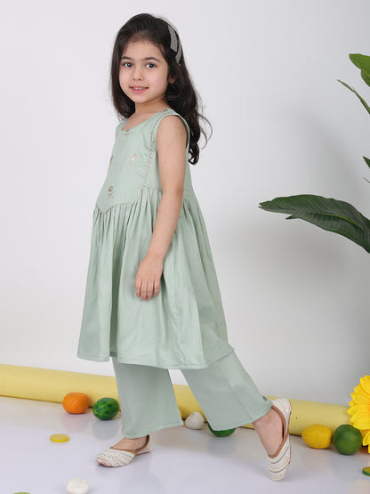 Green sleeveless embroidered Kurti with pant