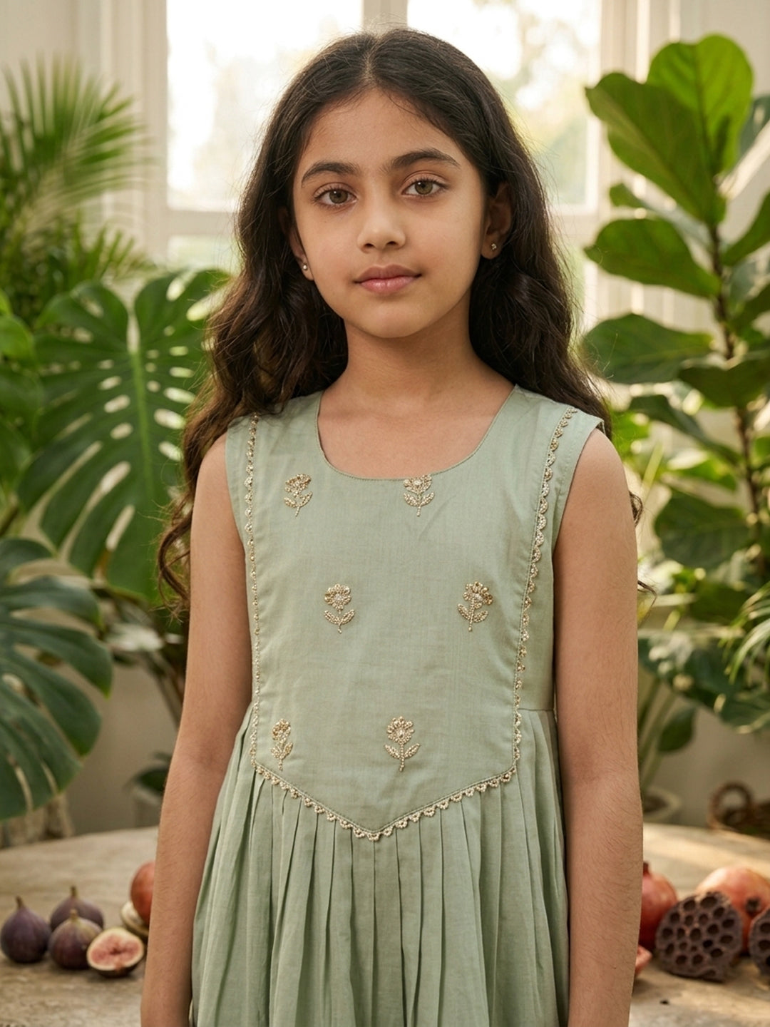 Kinder Kids Green Embroidered Kurti With Green Pant
