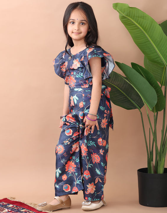 Blue cap sleeves floral printed cord set