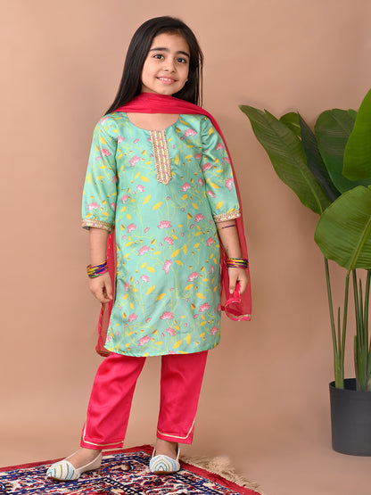 Green printed Kurti with Plazo and dupatta