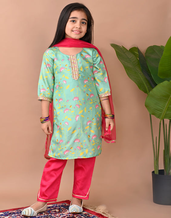 Green printed Kurti with Plazo and dupatta