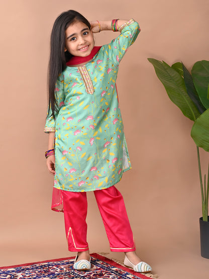 Green printed Kurti with Plazo and dupatta