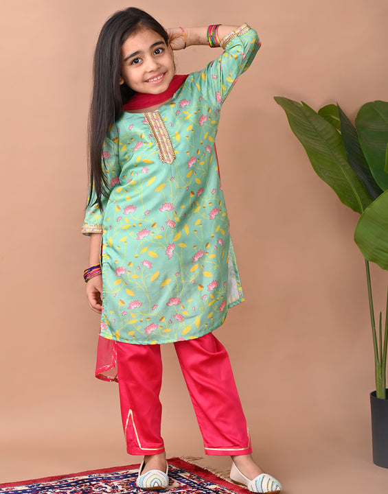 Green printed Kurti with Plazo and dupatta