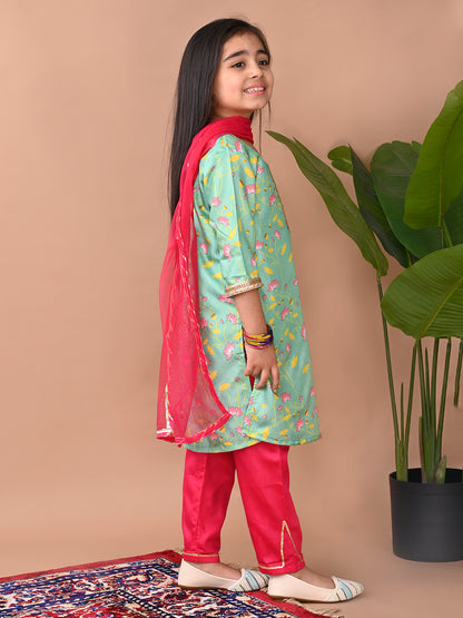 Green printed Kurti with Plazo and dupatta