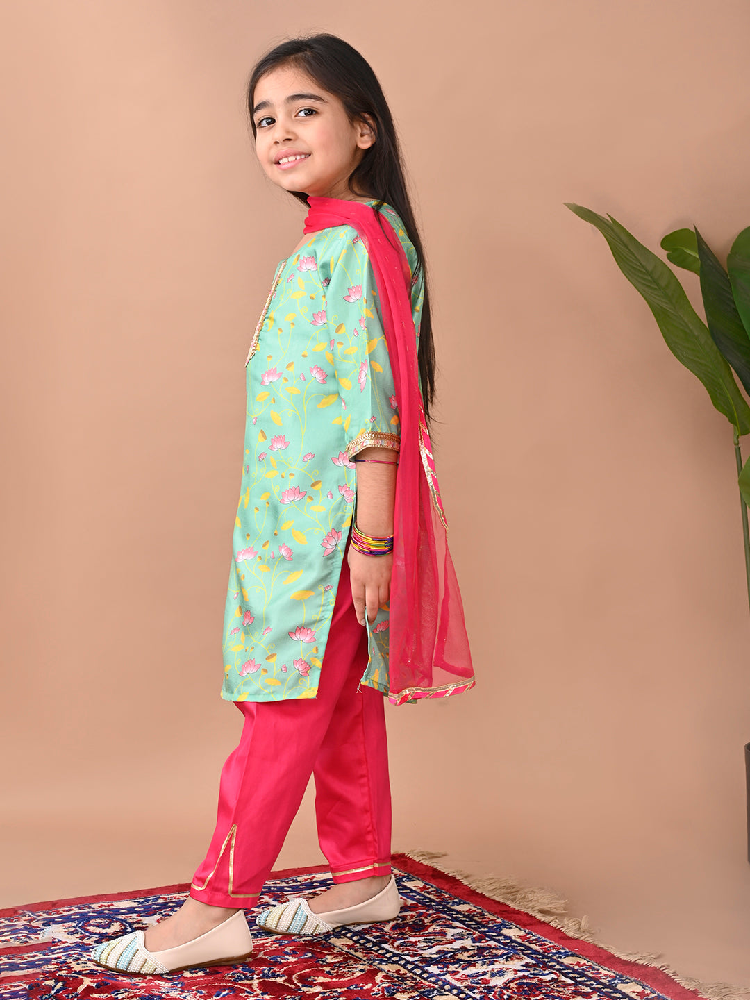 Green printed Kurti with Plazo and dupatta