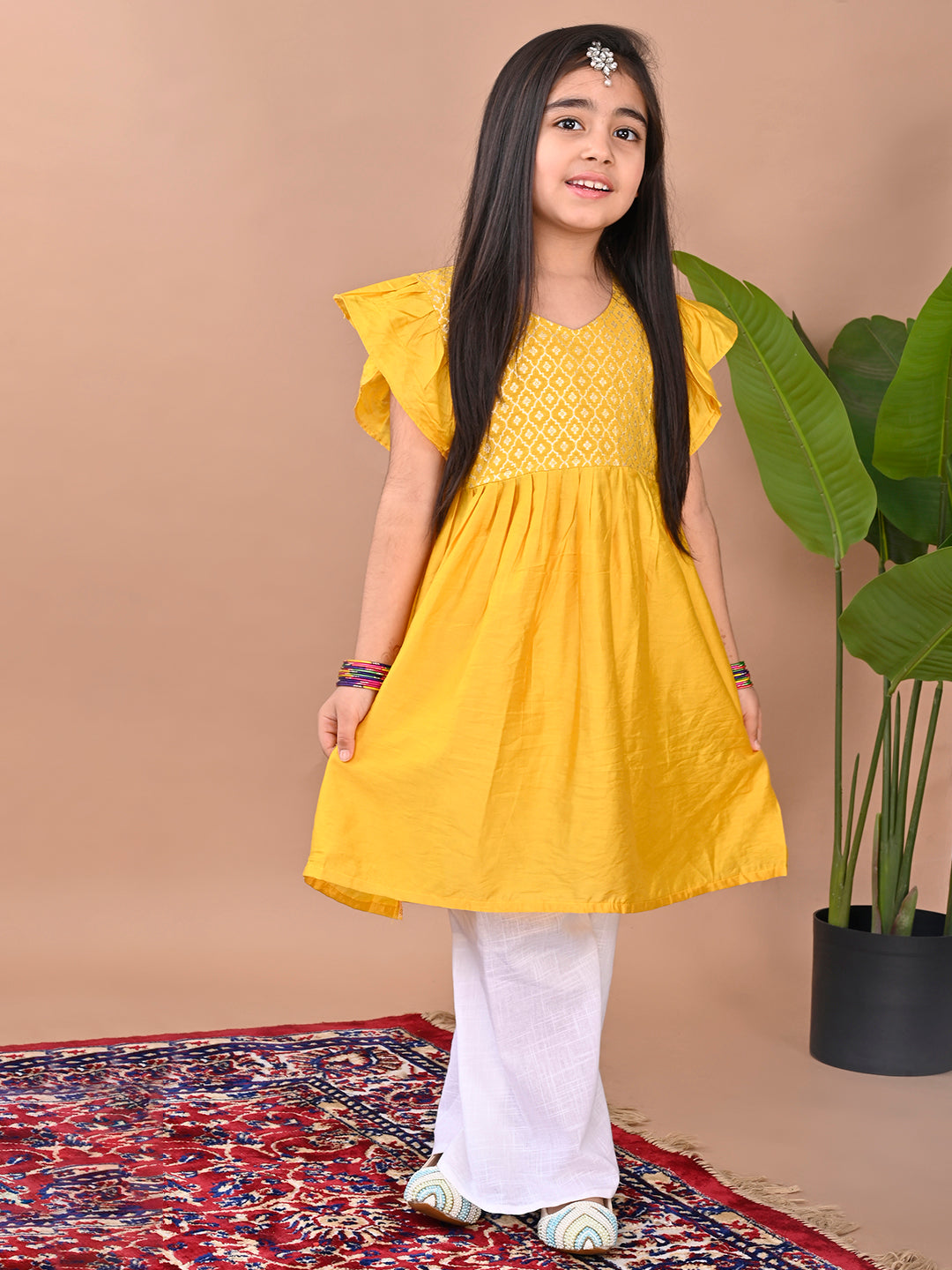 Yellow cap sleeves jacquard Kurti with white pant