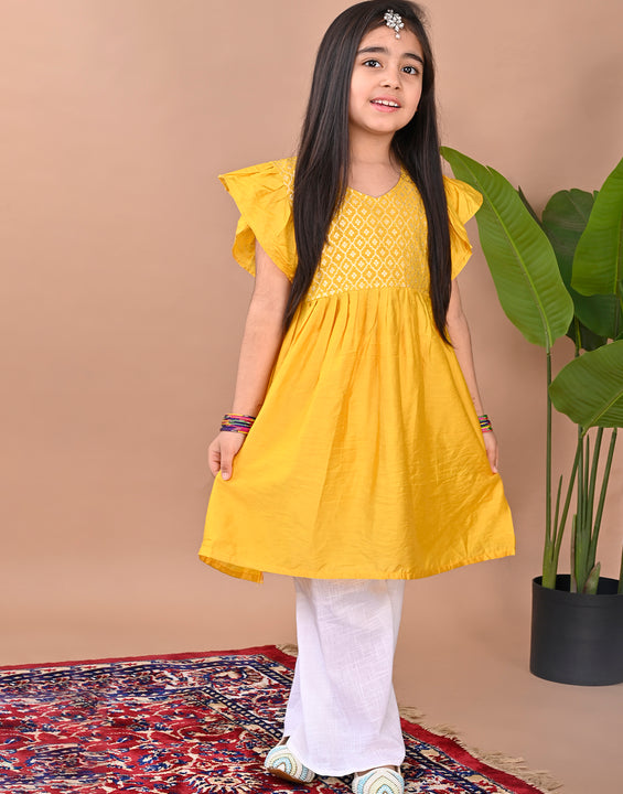 Yellow cap sleeves jacquard Kurti with white pant