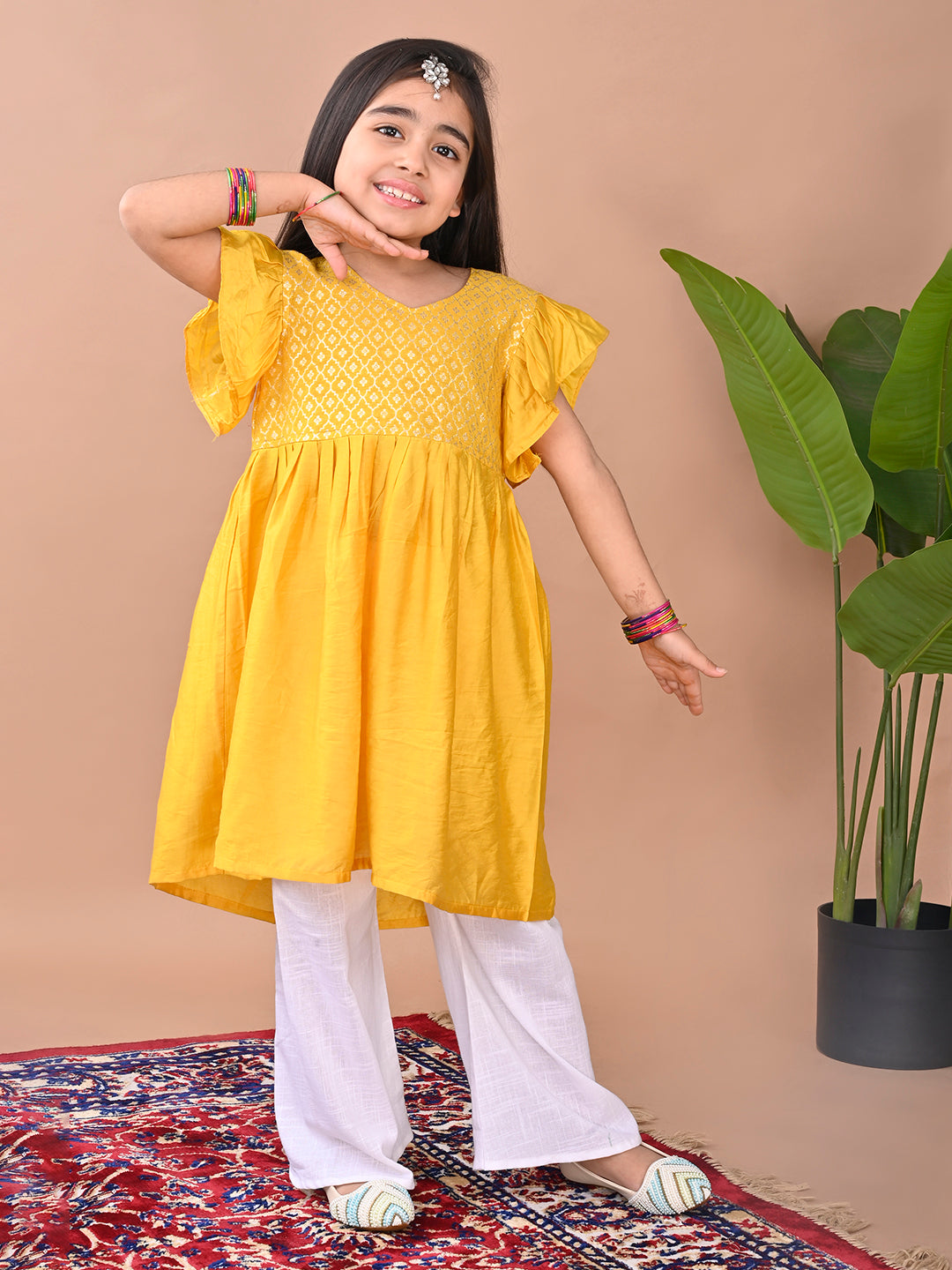 Yellow cap sleeves jacquard Kurti with white pant