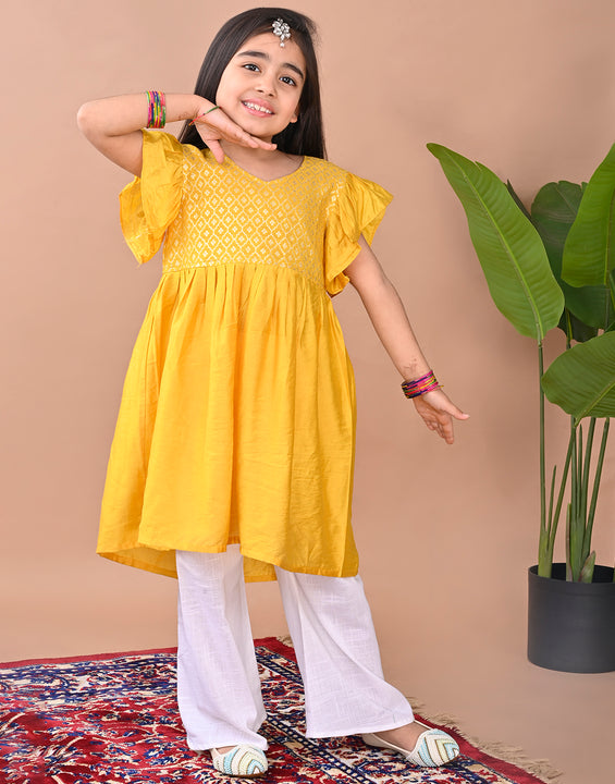 Yellow cap sleeves jacquard Kurti with white pant