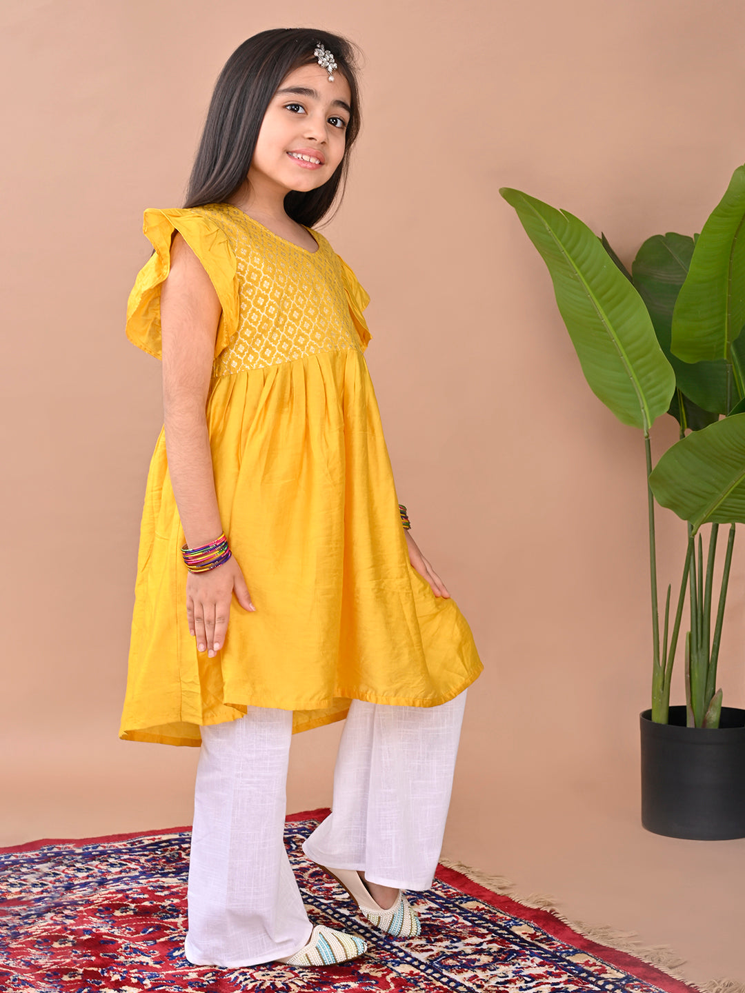 Yellow cap sleeves jacquard Kurti with white pant