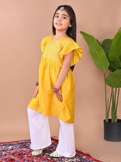 Yellow cap sleeves jacquard Kurti with white pant